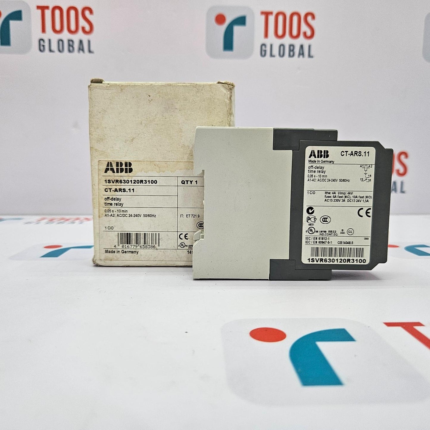 ABB electronic component with packaging on a TOOS GLOBAL branded background