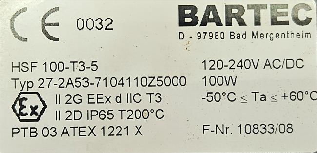 BARTEC HSF 100-T3-5 HEATING PLATE 27-2A53-7104110Z5000