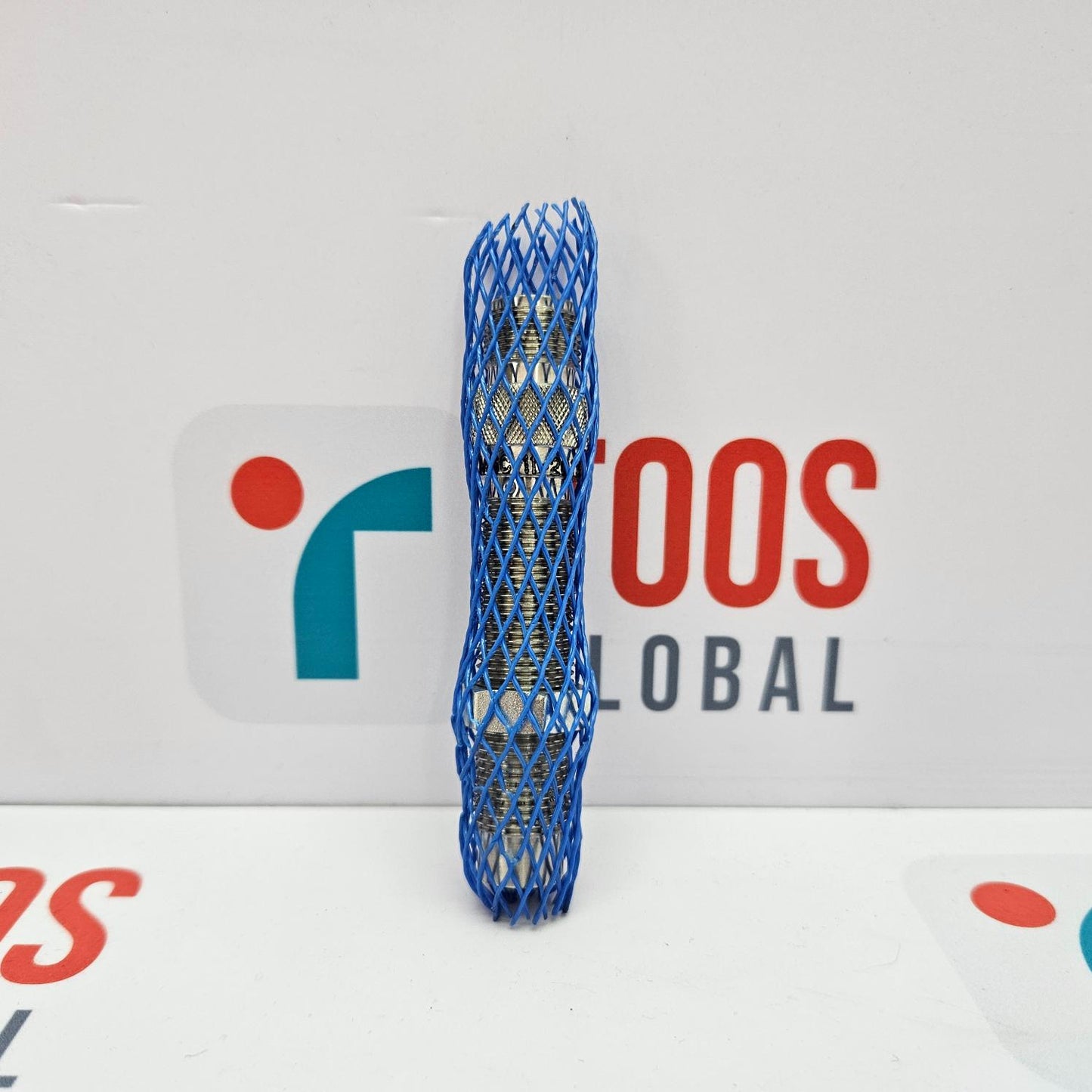 Blue 3D-printed object in front of a 'Rios Global' logo