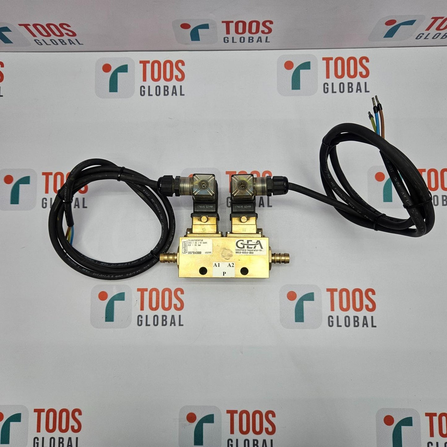 Gold valve assembly with black cables on a TOOS GLOBAL branded background
