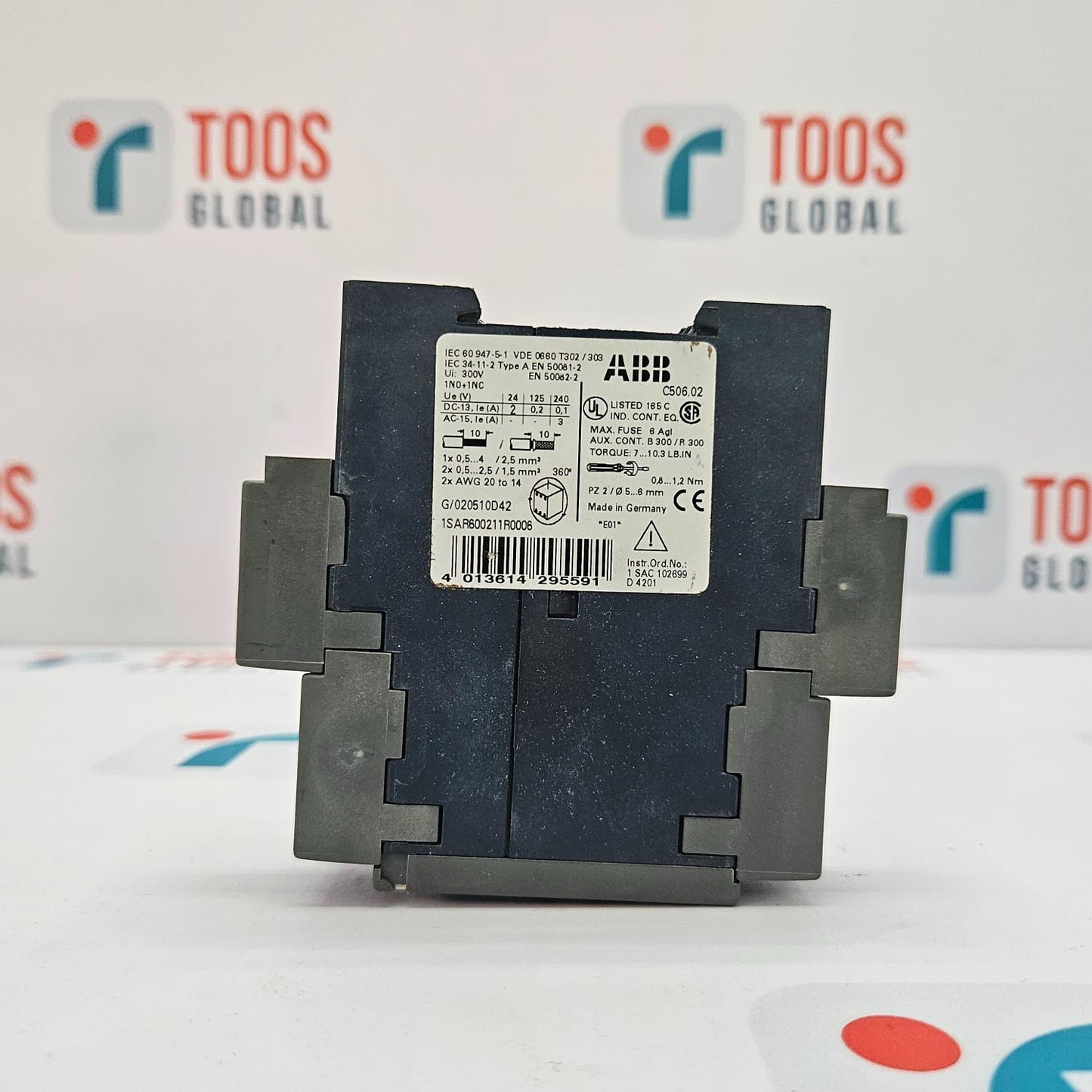 Electrical contactor with ABB label on a white background featuring TOOS Global logos.