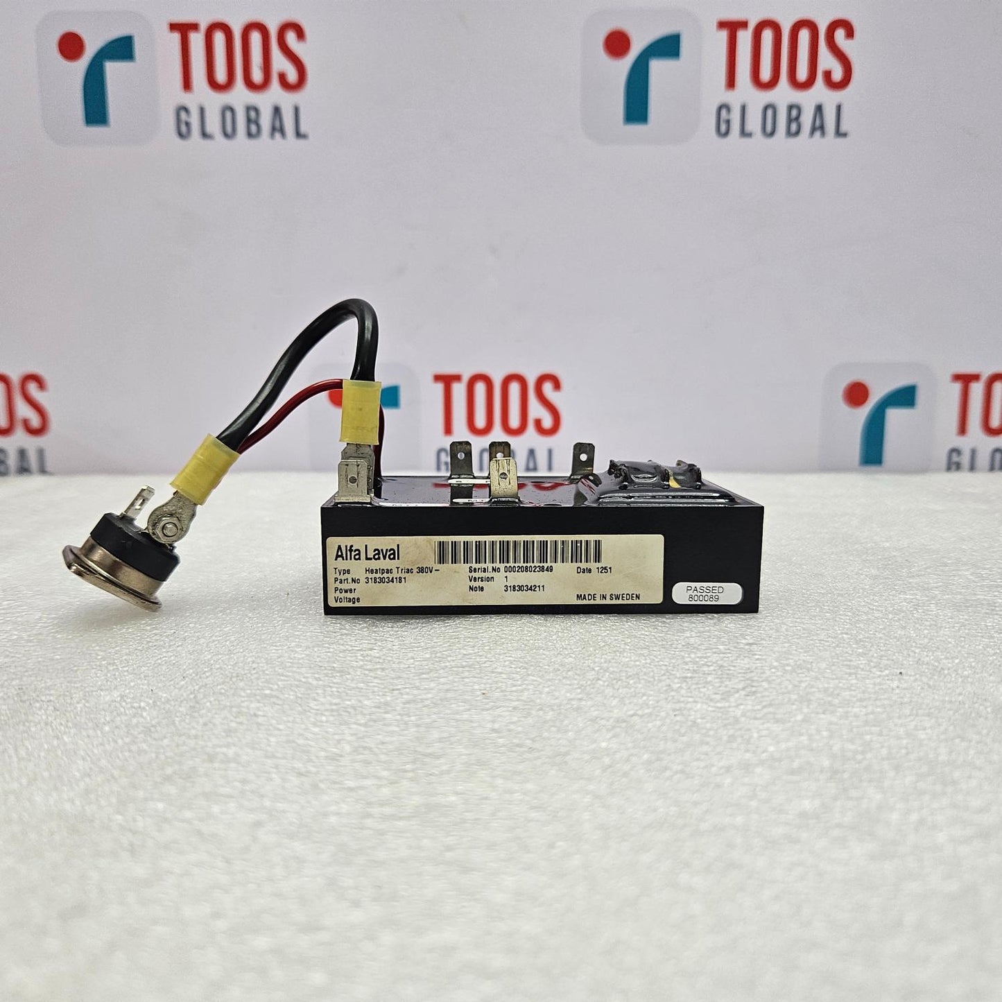 ALFA LAVAL 3183034181 HEATPAC TRIAC 380V with wiring on a white surface, branded 'TOOS GLOBAL'.