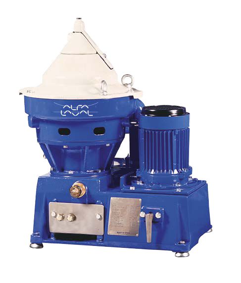 Blue and white machine with 'Alfa Laval' branding on a white background