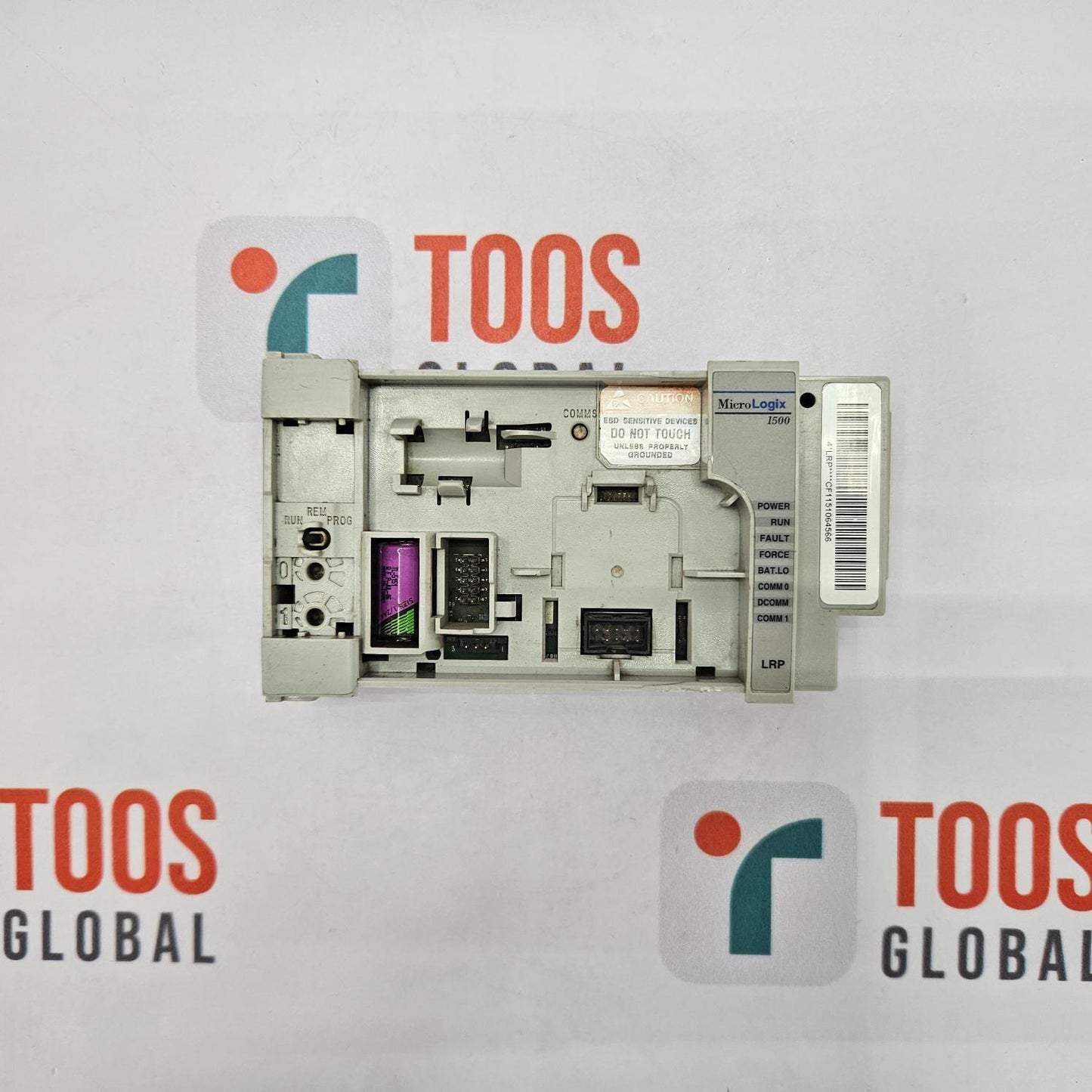Electrical component with 'TOOS' branding on a light gray background