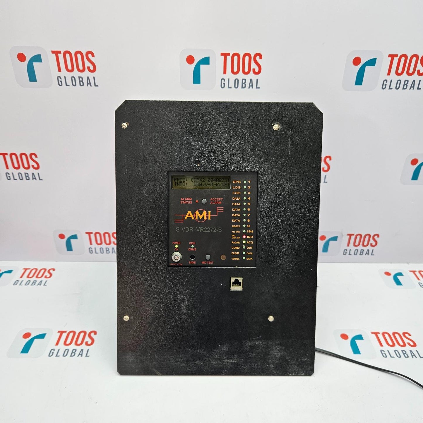 AMI S-VDR VR2272-B VOYAGE DATA RECORDER VDR 2272B Black electronic device with a digital display on a white background with 'TOOS GLOBAL' branding.
