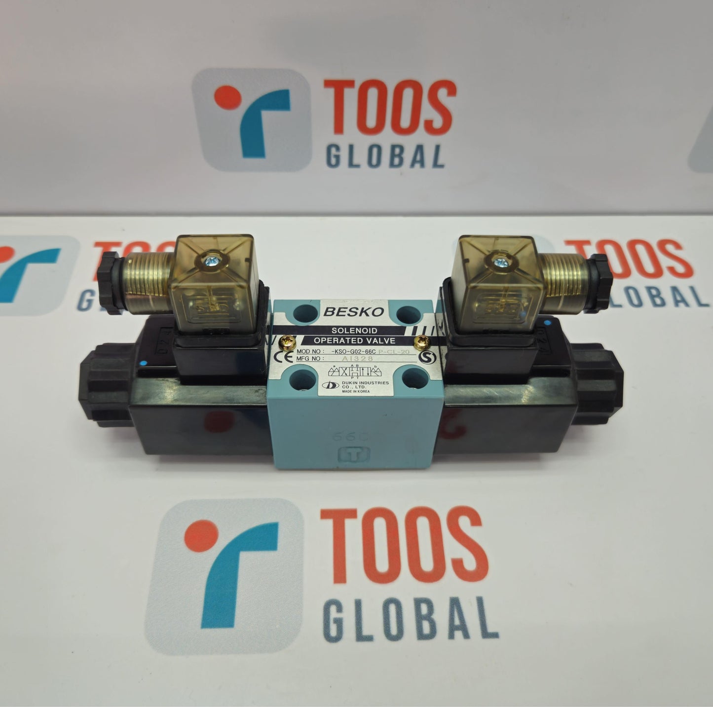 BESKO KSO-G02-66C P-CL-20 SOLENOID OPERATED VALVE Mechanical valve component with 'BESKO' branding on a TOOS GLOBAL branded background