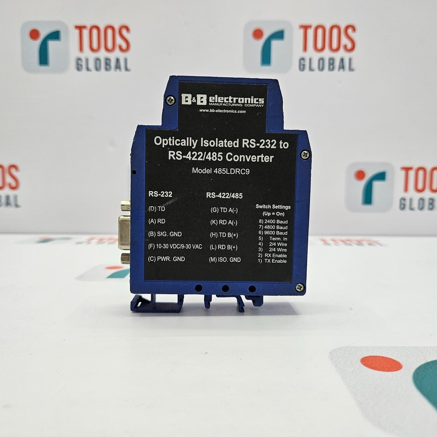 Optically isolated RS-232 to RS-422/485 converter with BB Electronics branding on a white background.