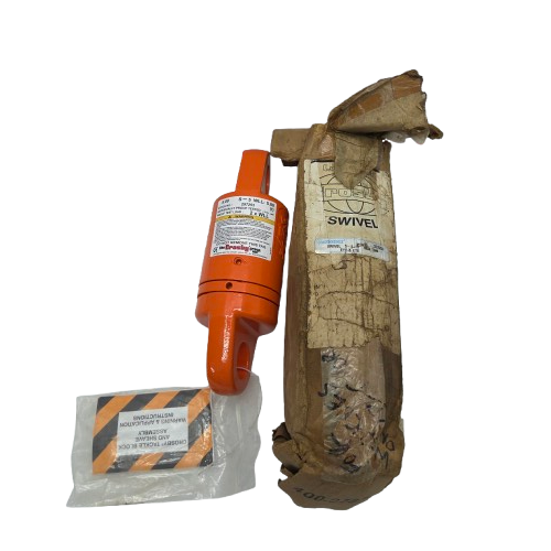 Orange safety equipment with a swivel component and a small packet on a white background