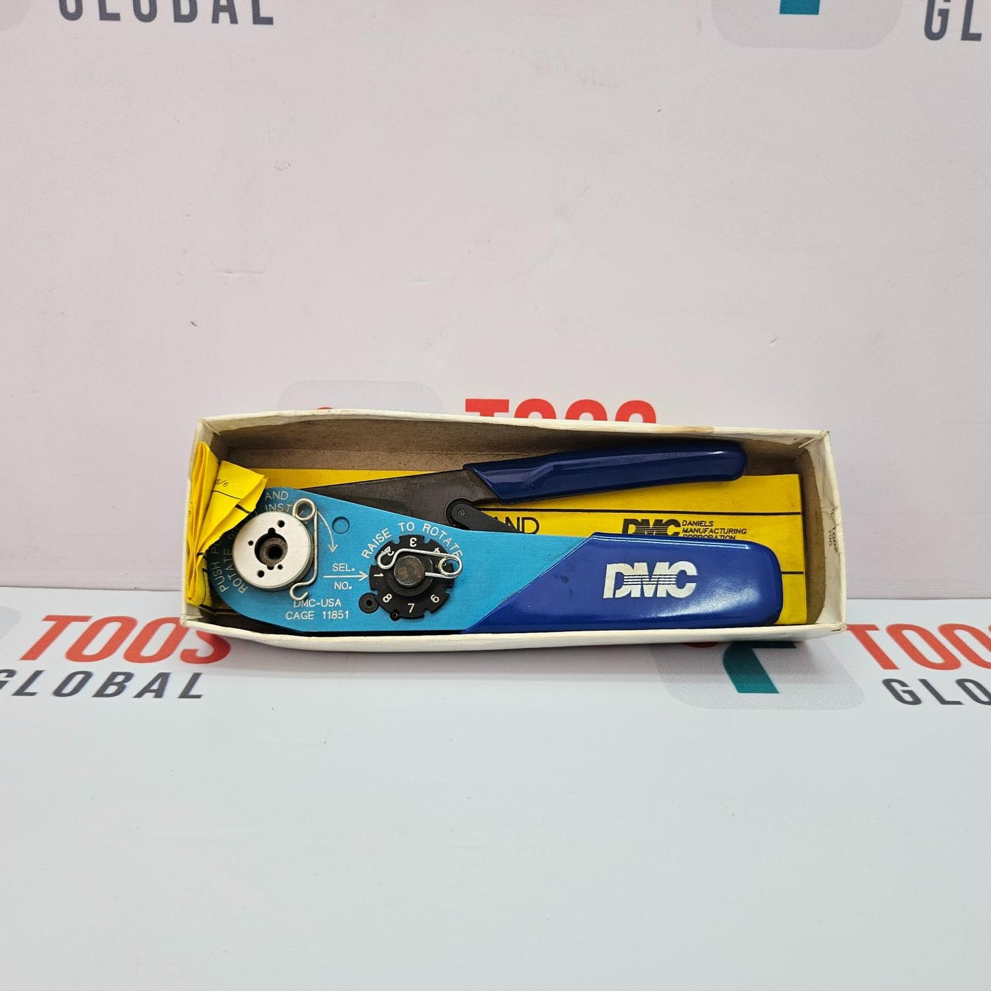 Blue and yellow DMC tool set in a box on a white background with 'Tools Global' branding.