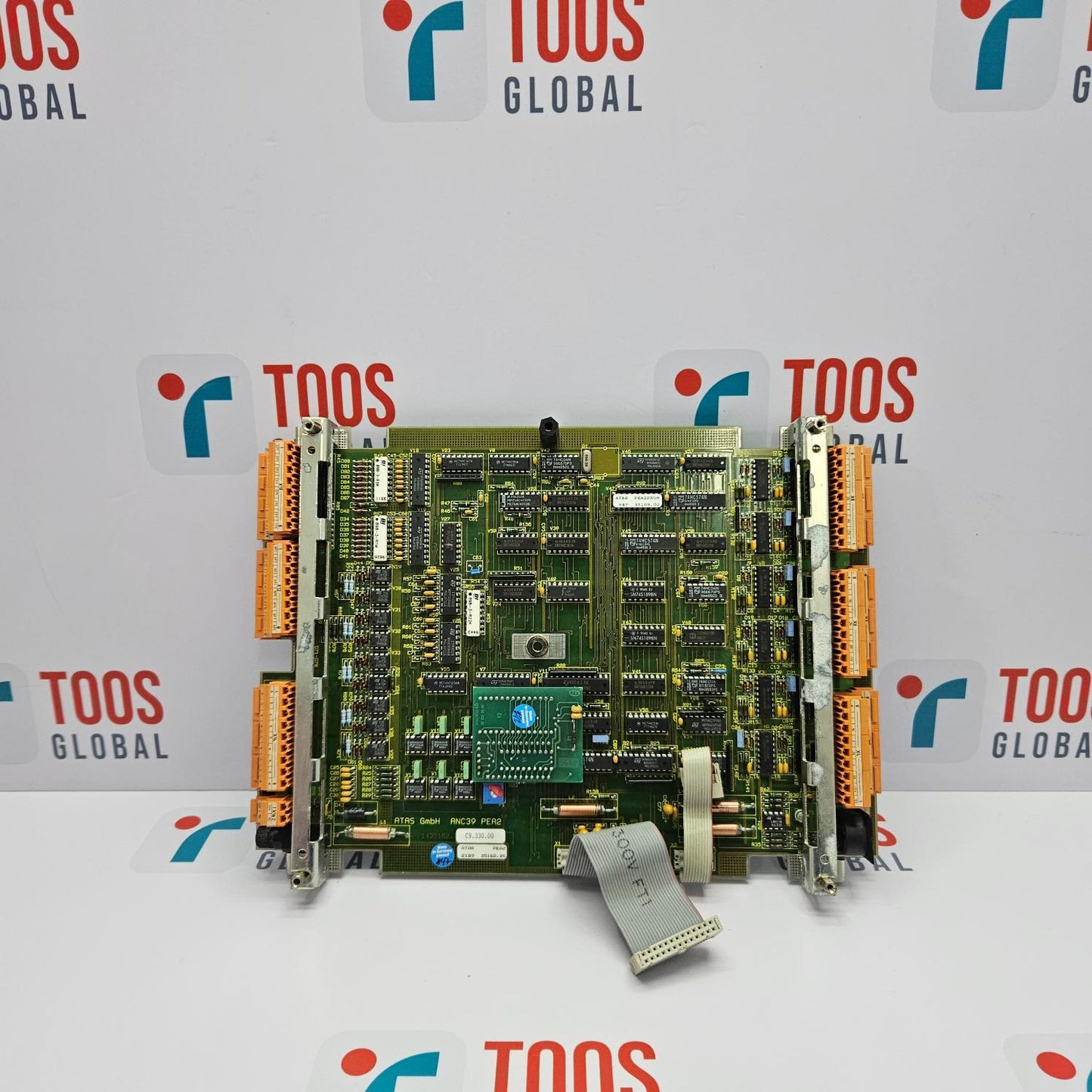 Electronic circuit board with connectors on a branded background