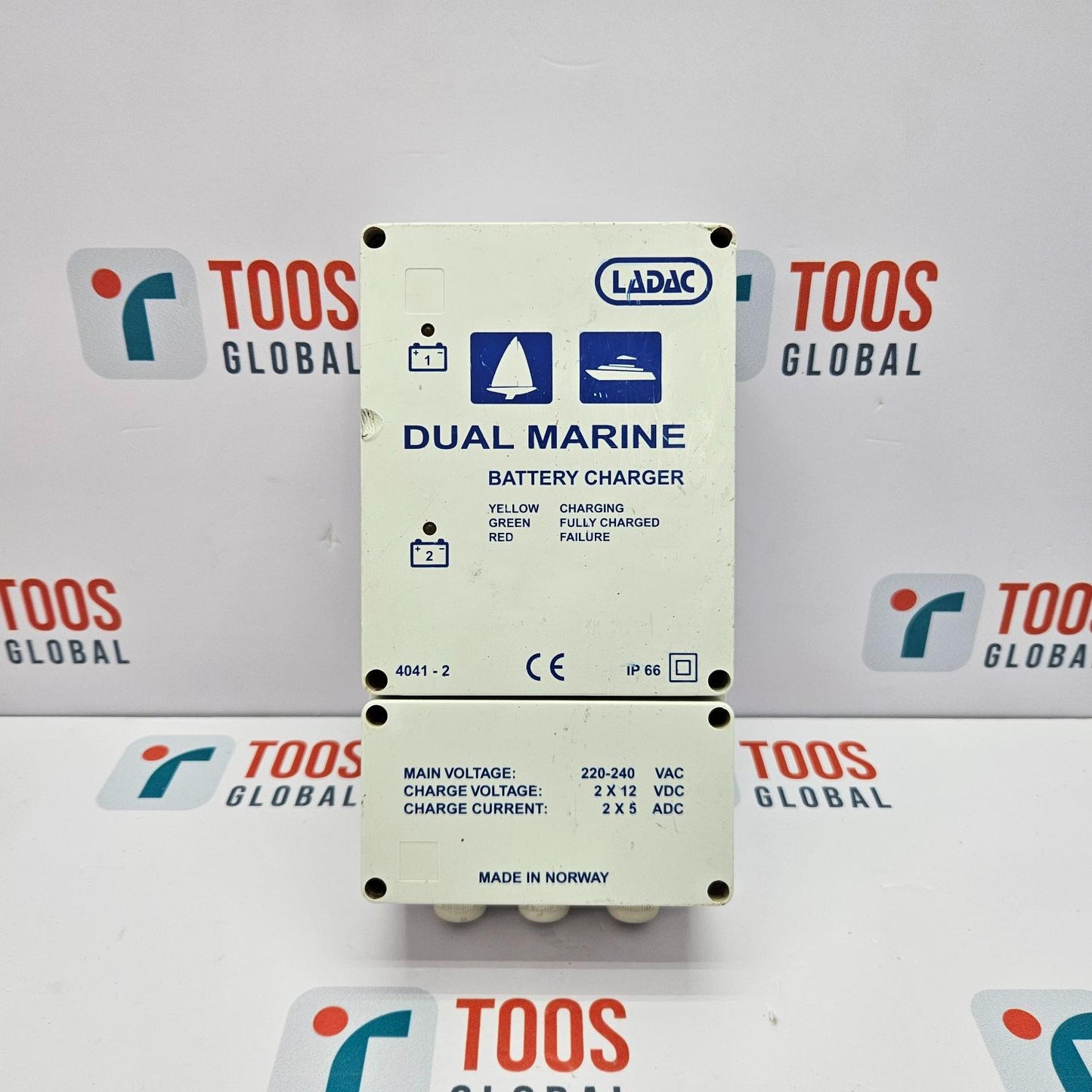 Dual Marine battery charger with LADAC branding on a TOOS GLOBAL branded background