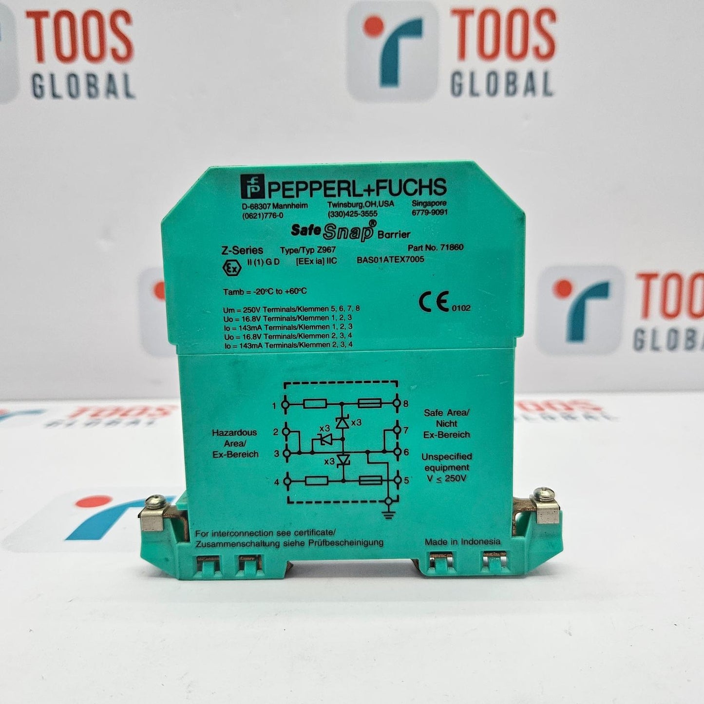 Green electronic device with technical diagrams on a white background featuring 'TOOS GLOBAL' branding.