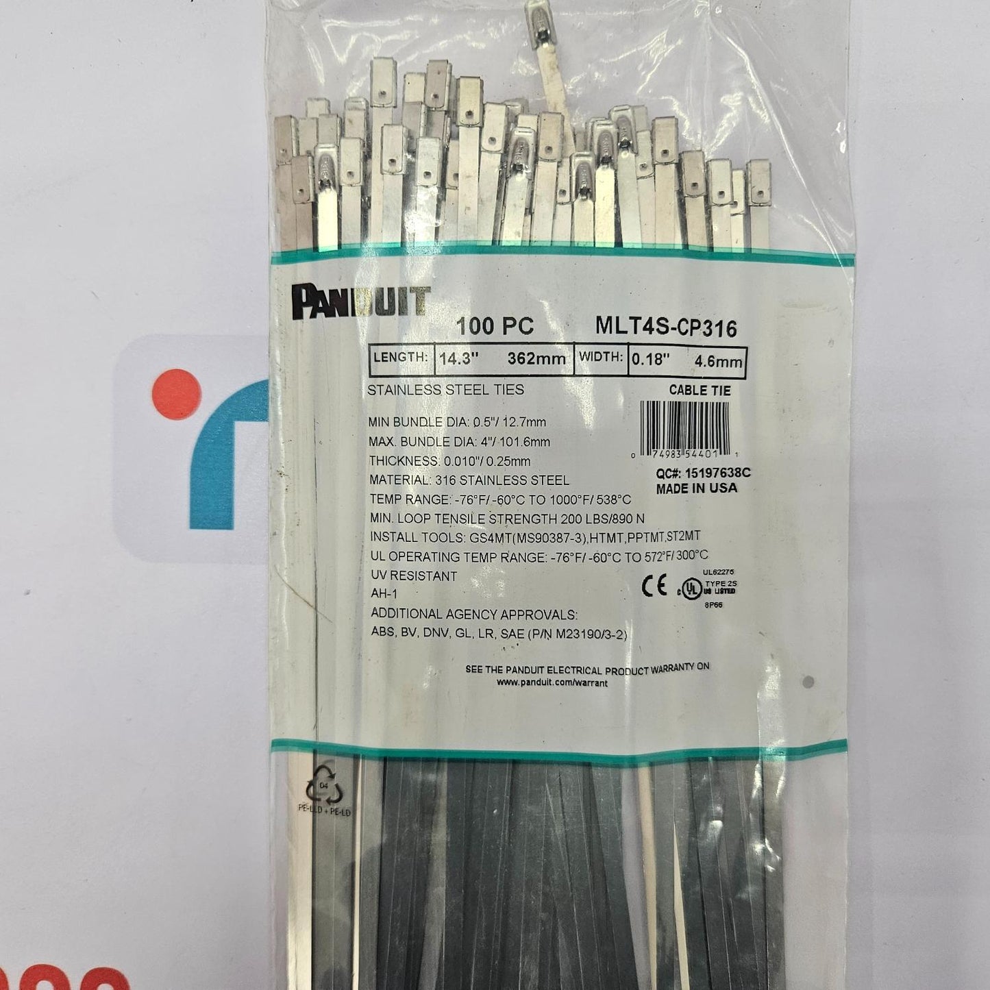Panduit MLT4S-CP316 14.3" L Extra Heavy Duty Cable Tie Pack Of 300