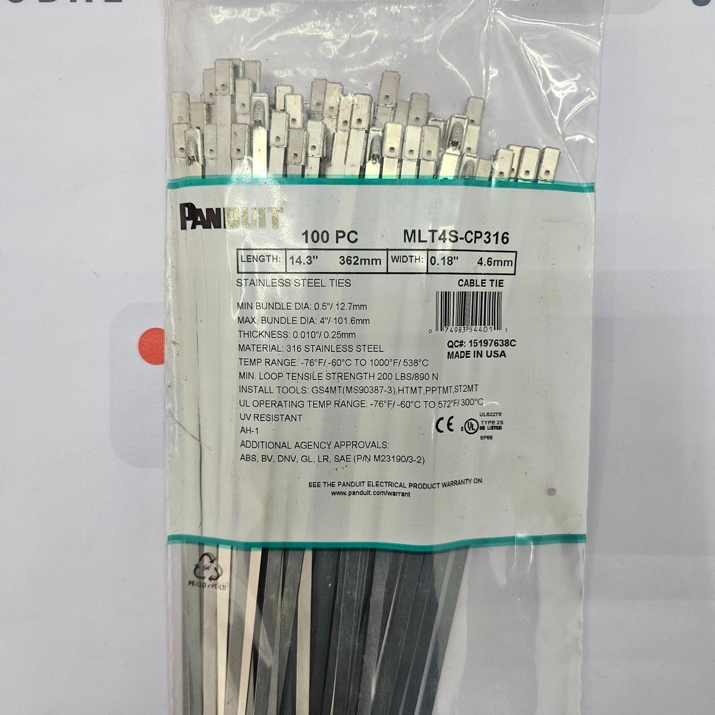 Panduit MLT4S-CP316 14.3" L Extra Heavy Duty Cable Tie Pack Of 300