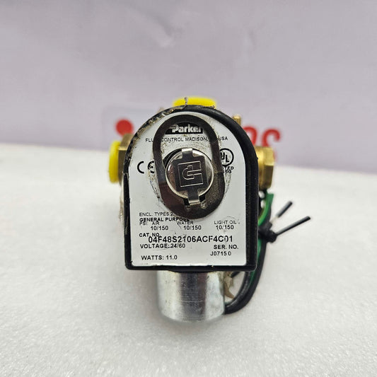 Parker 04F48S2106ACF4C01, 4-Way Solenoid Valve 24 V, 1/4 NPT, 10-150 Psi with wiring on a white background featuring 'TOOS Global' branding.