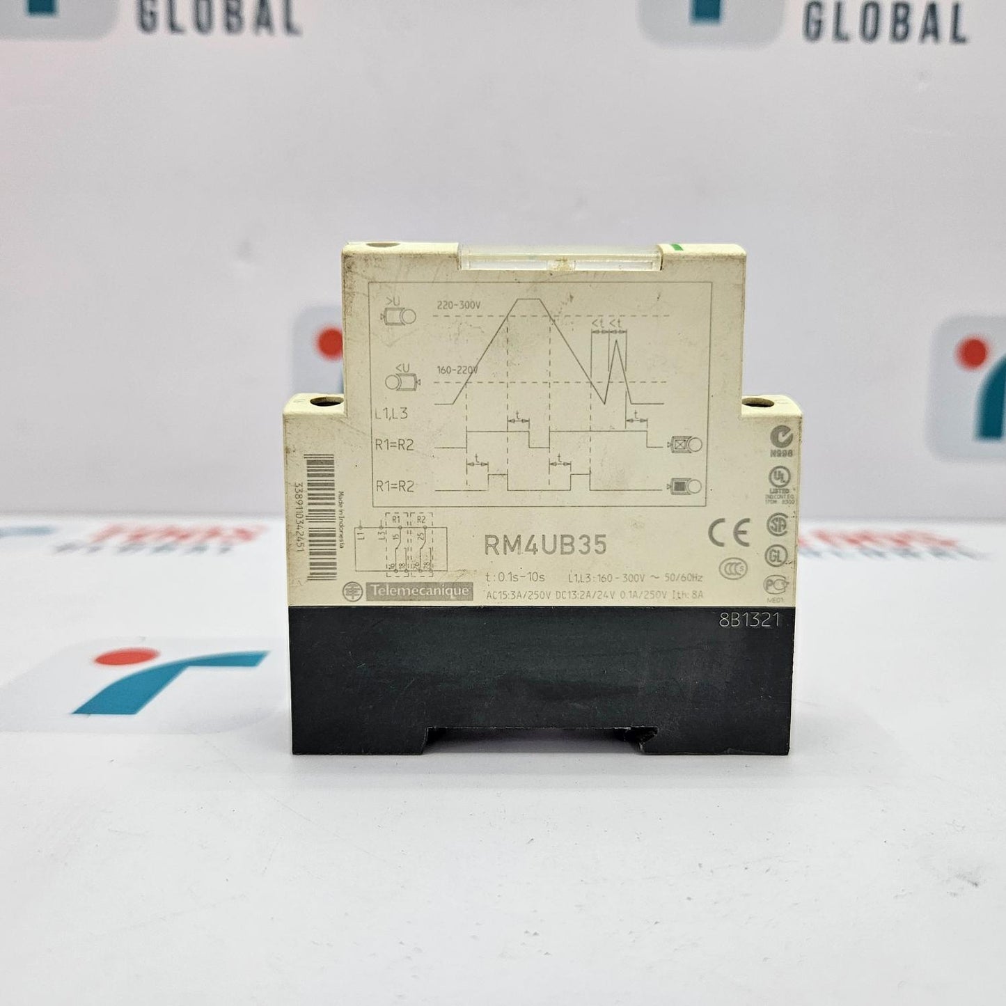 Electrical relay module with technical drawings on a white background