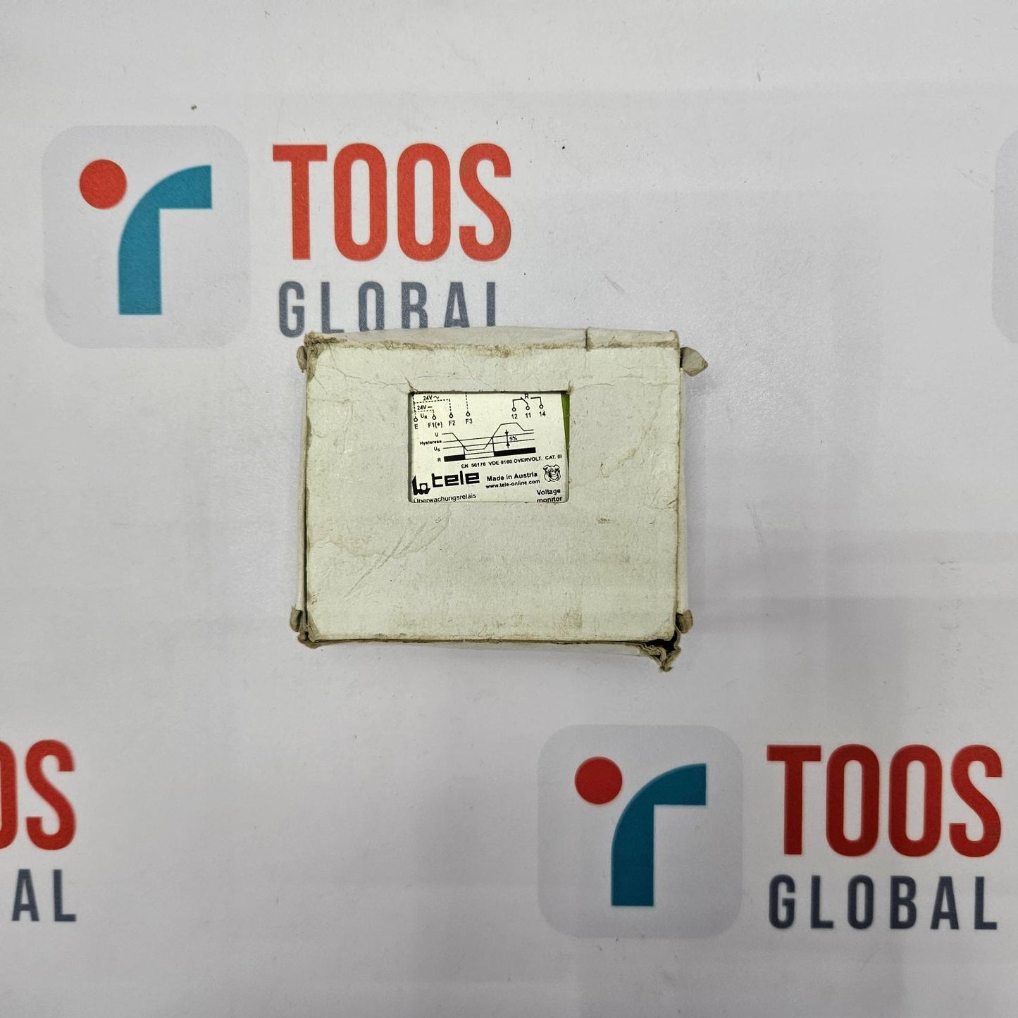 Vintage suitcase with a label on a TOOS GLOBAL branded background