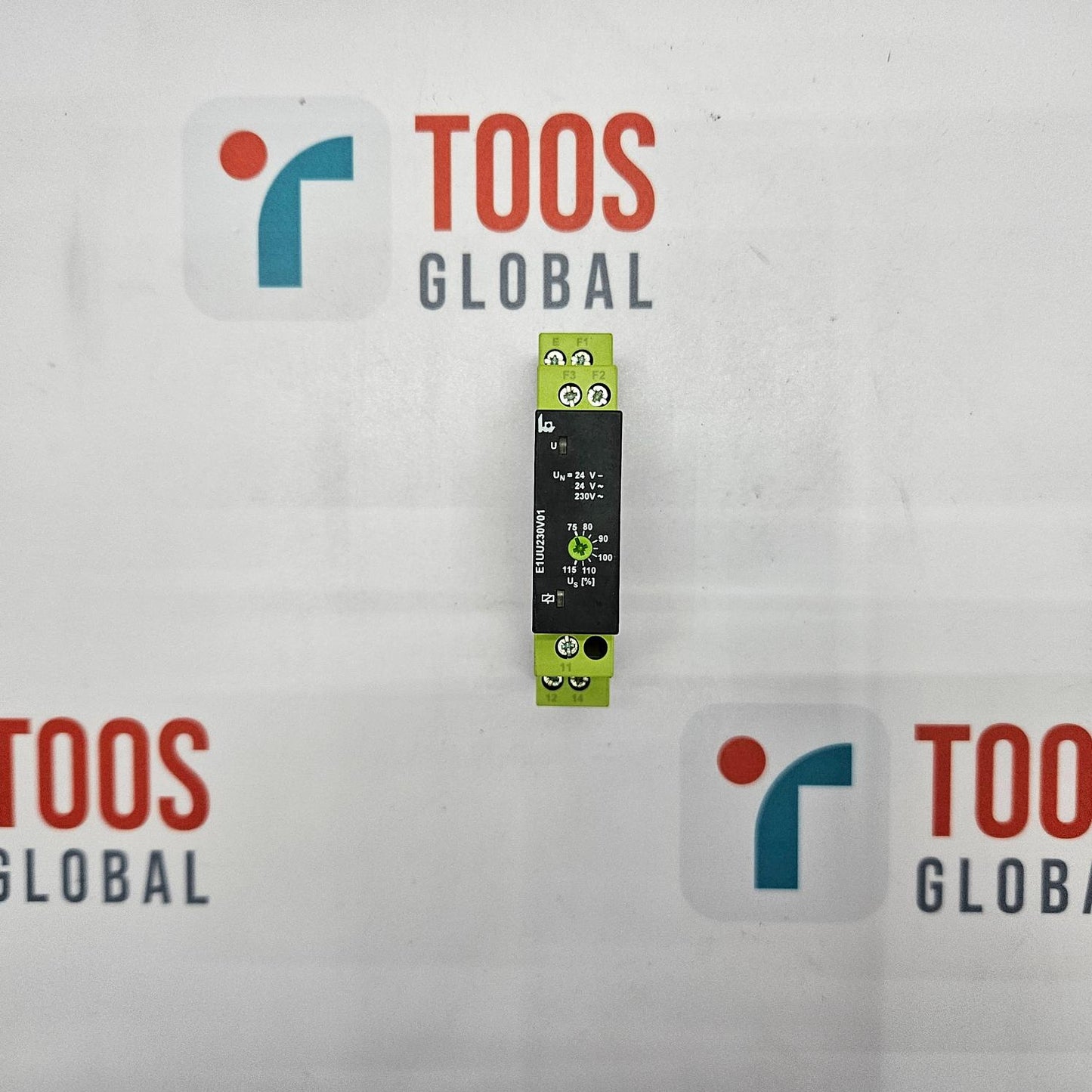 TELE E1UU230V01 MONITORING RELAY 1340102 Small electronic device with green accents on a white background featuring 'TOOS GLOBAL' logos.