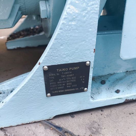 Taiko Kikai TMC-80MBT Centrifugal Pump label on a mechanical component
