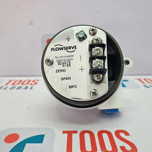 Flowserve control valve on a blurred background with visible branding
