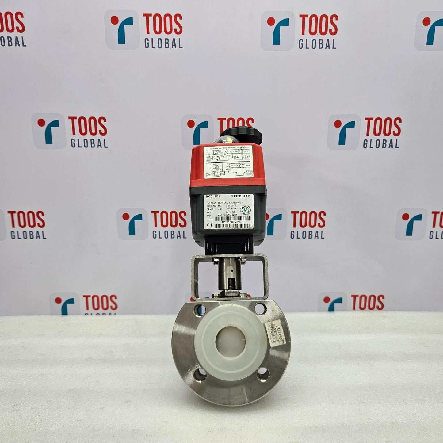 J+J J3C H55 ELECTRIC ACTUATOR WITH VALVE NEW Valve with a red actuator on a white background featuring 'TOOS Global' logos.