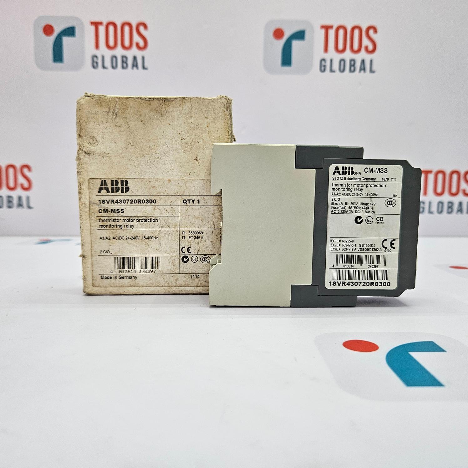 ABB and ABB branded electronic components on a white surface with 'TOOS GLOBAL' branding in the background.