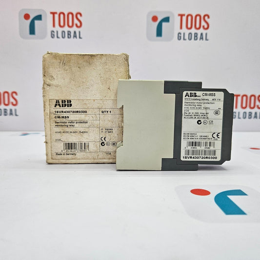 ABB and ABB branded electronic components on a white surface with 'TOOS GLOBAL' branding in the background.