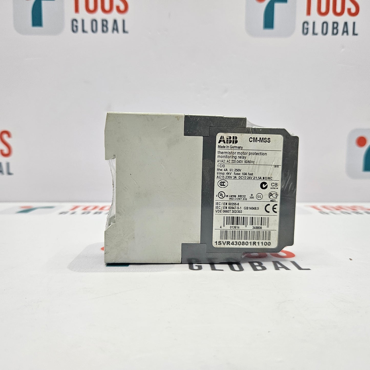 ABB CM-MSS Thermistor Motor Protection Monitoring Relay 1SVR430801R1100 on a white surface with 'TOOS GLOBAL' branding in the background