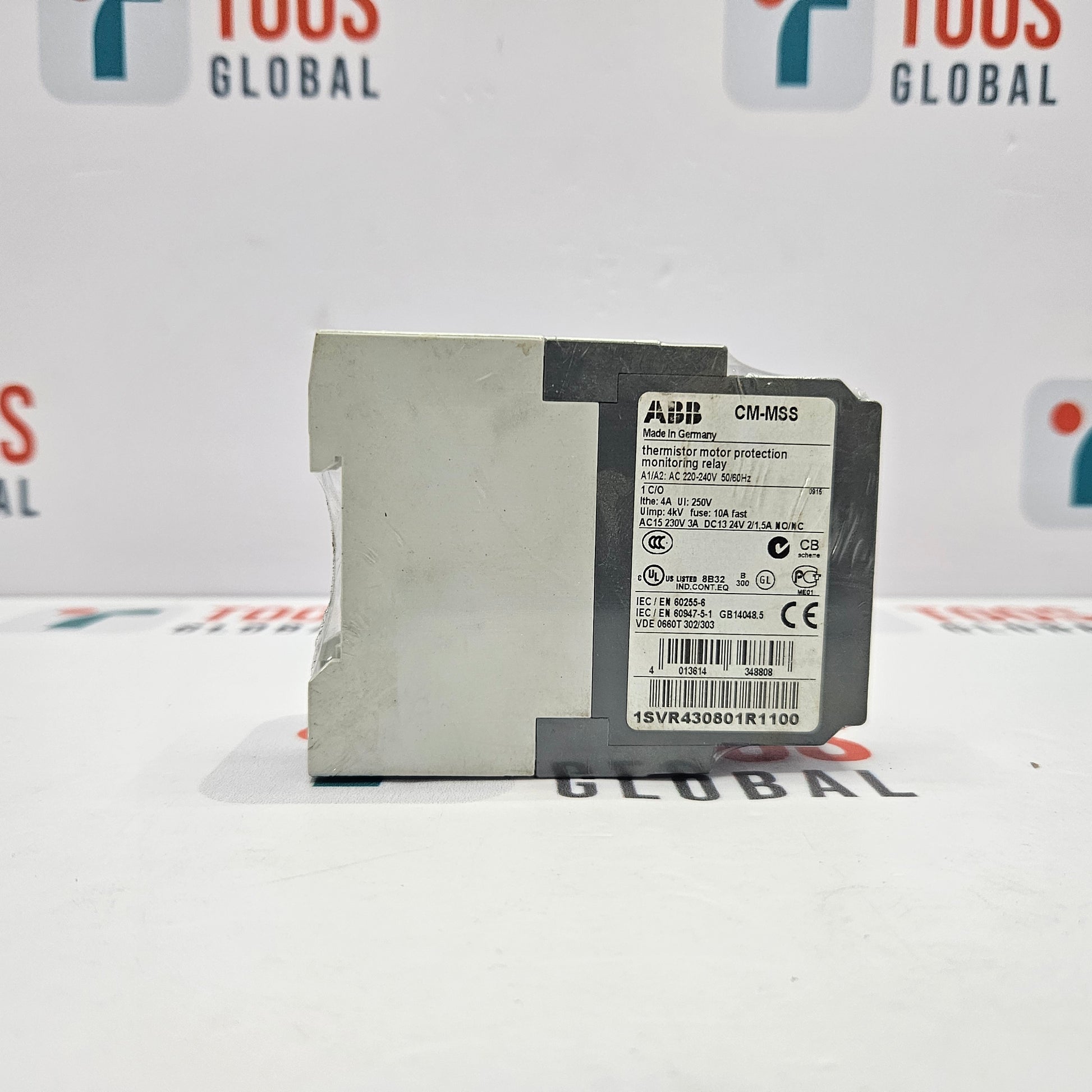 ABB CM-MSS Thermistor Motor Protection Monitoring Relay 1SVR430801R1100 on a white surface with 'TOOS GLOBAL' branding in the background
