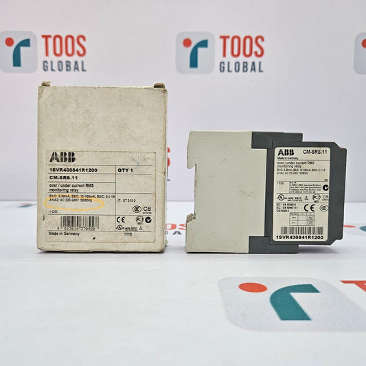 ABB electrical component and packaging on a white background with TOOS Global branding.