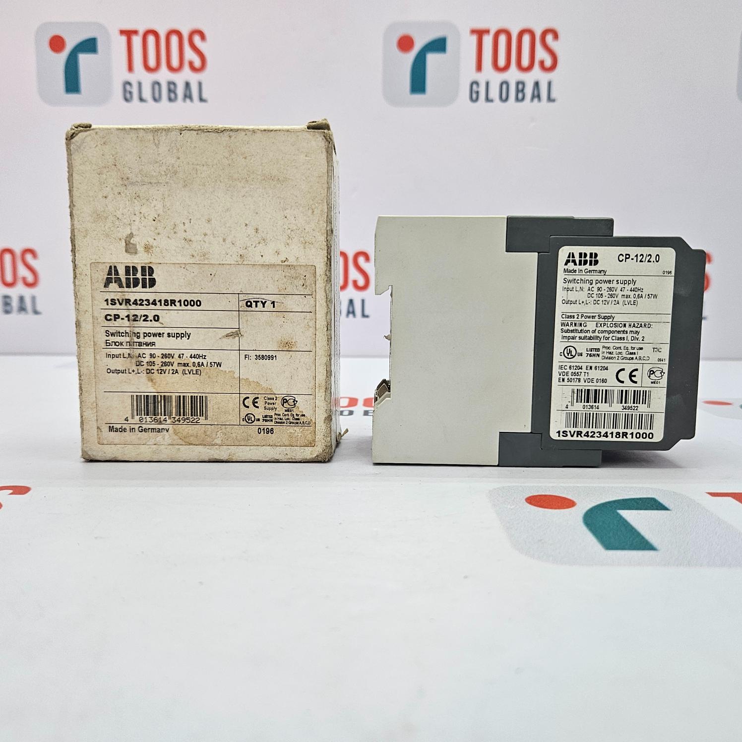ABB power supply unit with packaging on a white background with 'TOOS GLOBAL' branding.