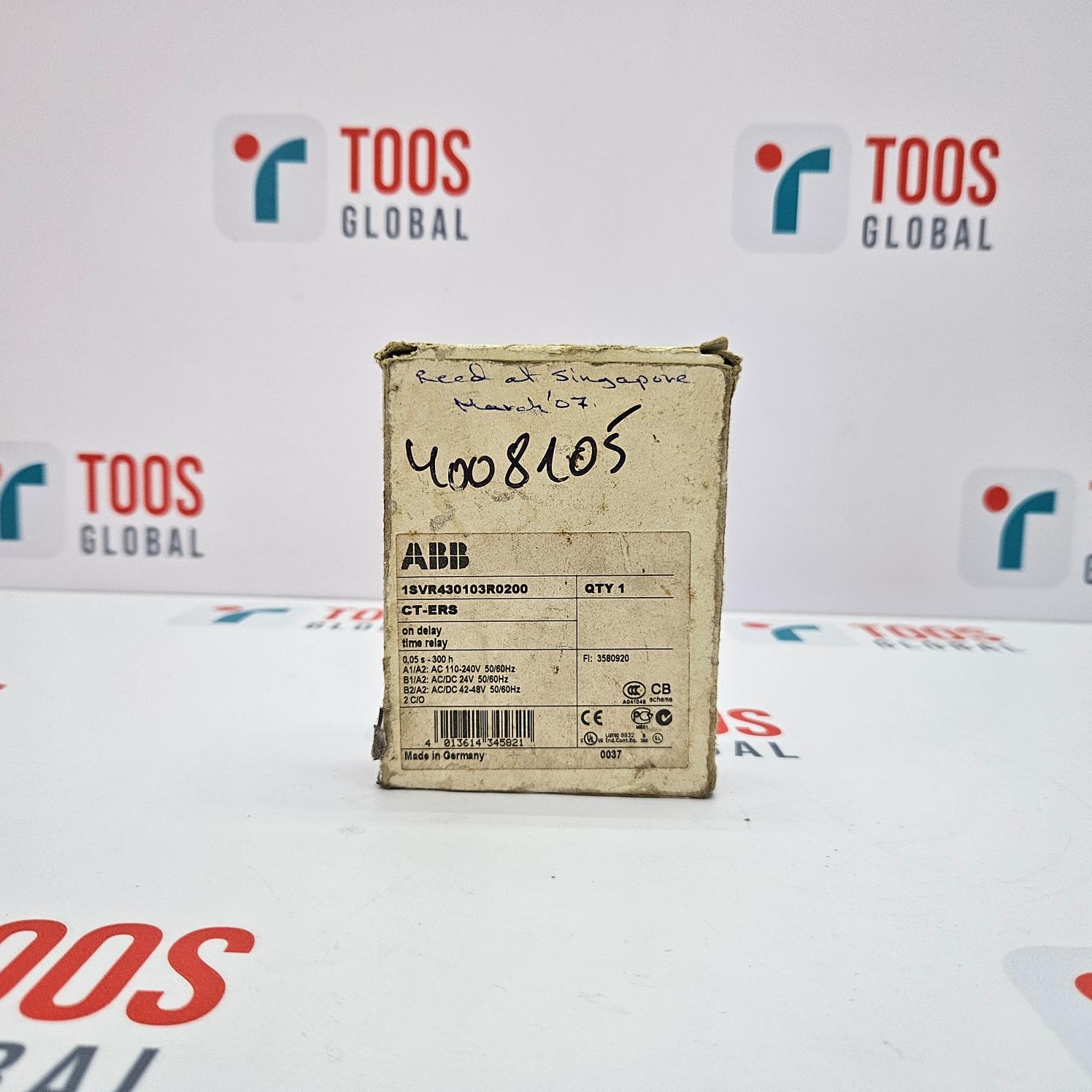 Cardboard box with ABB label on a TOOS Global branded background