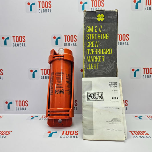 Orange strobing crew overboard marker light with packaging and manual on a TOOS Global branded background
