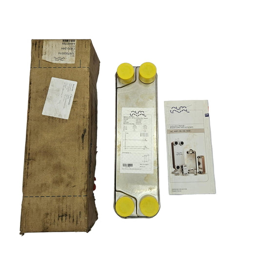 ALFA LAVAL CB20-24H HEAT EXCHANGER 3287000014 packaging with yellow caps and a cardboard box on a TOOS Global branded background