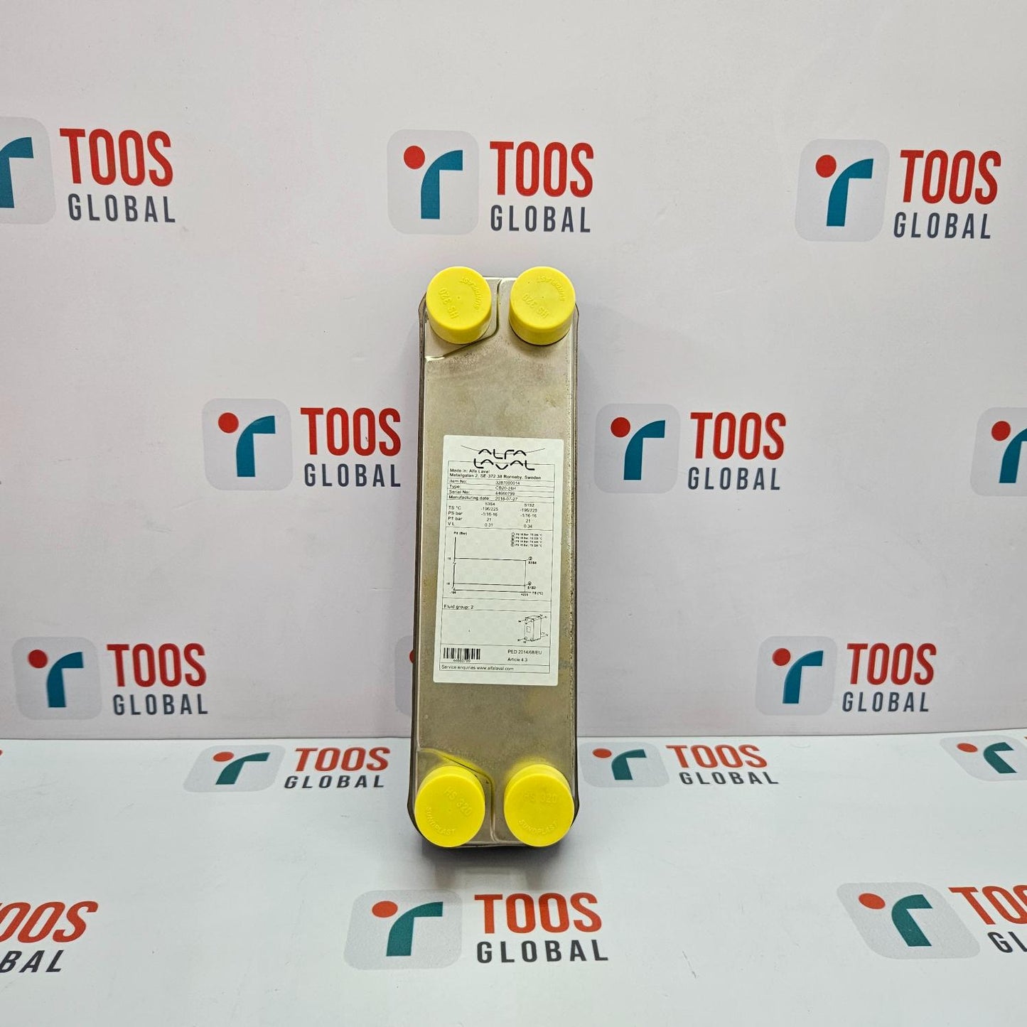 ALFA LAVAL CB20-24H HEAT EXCHANGER 3287000014 with yellow caps on a white background featuring 'TOOS GLOBAL' logos.