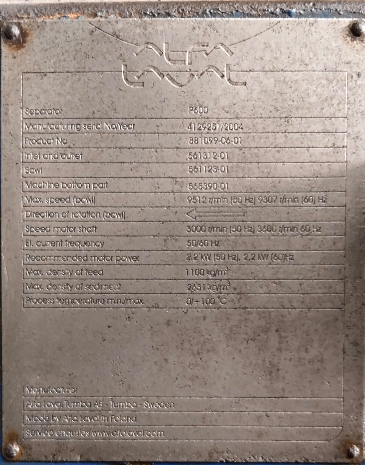 Metal plate with technical specifications and branding on a metallic background