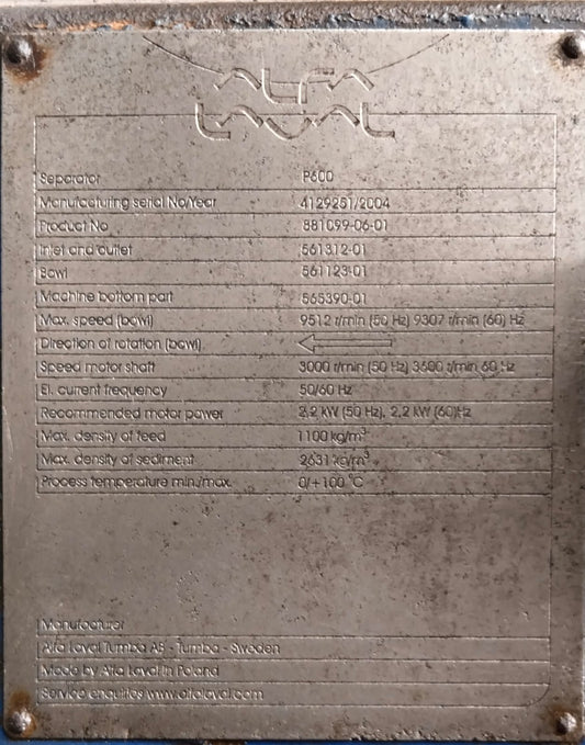 Metal plate with technical specifications and branding on a metallic background