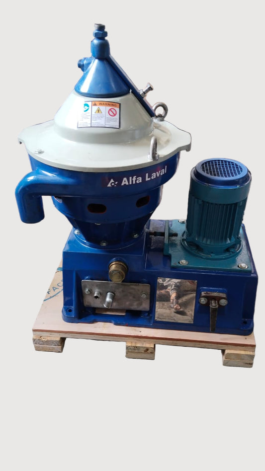 Blue and white ALFA LAVAL PURIFIER SEPARATOR P-605 OIL PURIFIER with 'Alfa Laval' branding on a wooden pallet.
