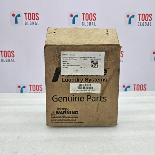 ALLIANCE LAUNDRY RB150003 PUMP KIT BELT FOR QUEEN WASHING MACHINE Cardboard box labeled 'Laundry Systems Genuine Parts' with TOOS GLOBAL branding in the background.