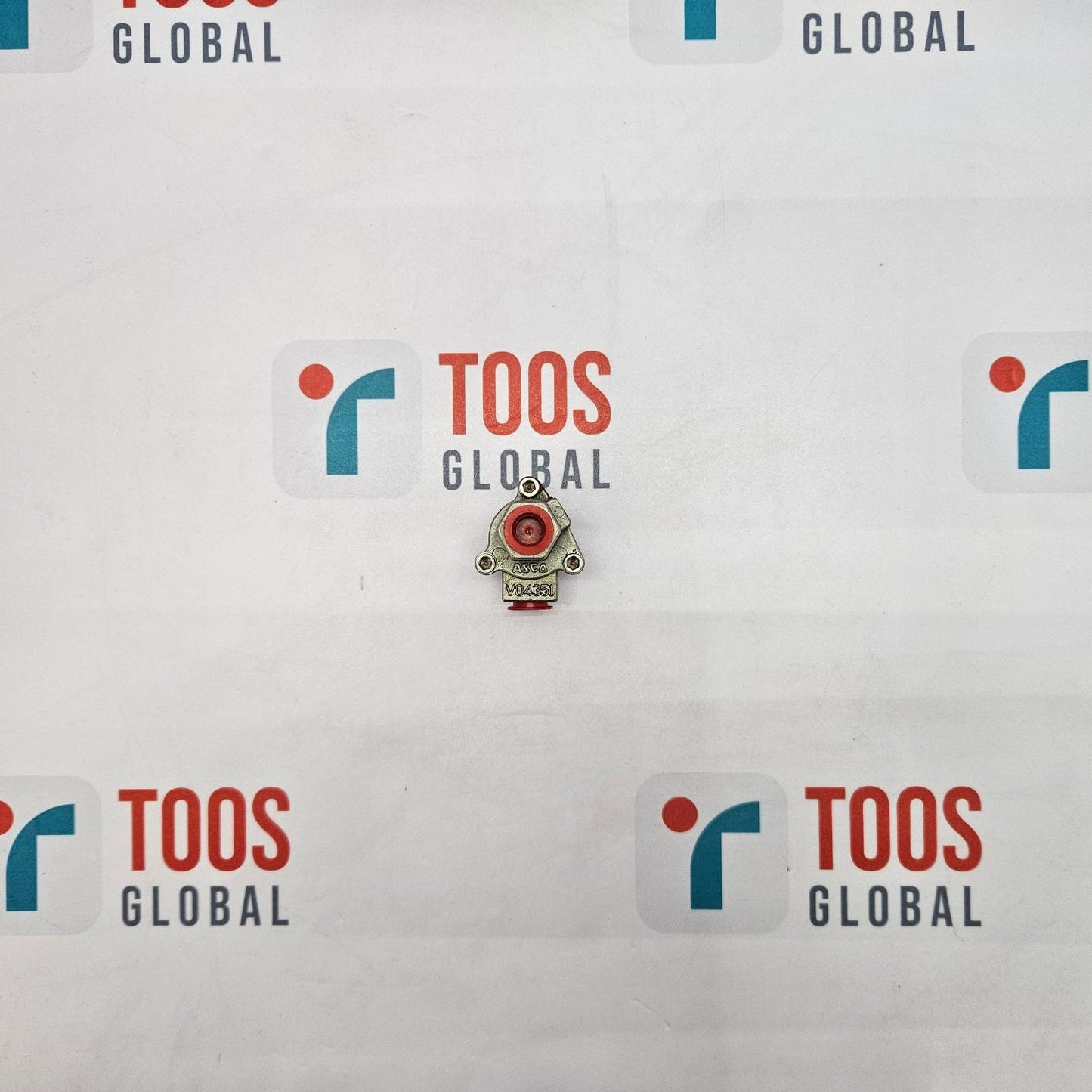 ASCO V04351 QUICK EXHAUST VALVE The image shows a quick exhaust valve with the ASCO brand logo visible in the background. The valve is predominantly silver with a red accent.