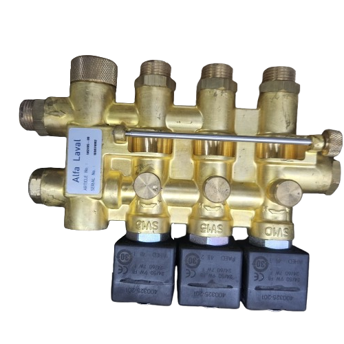 ALFA LAVAL 582495-80 Brass gas valve manifold with multiple outlets on a white background