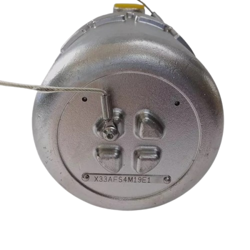 Metallic component with threading and text on a white background