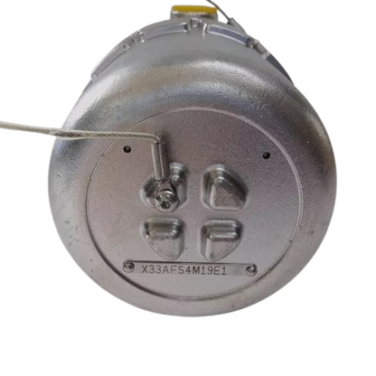 Metallic component with threading and text on a white background