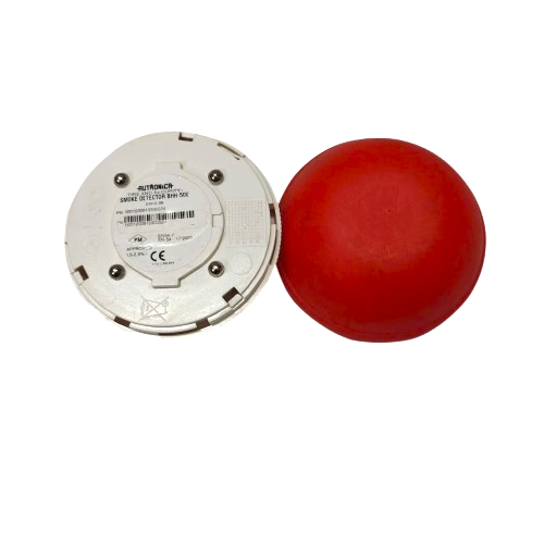 White smoke detector and red alarm bell on a white background