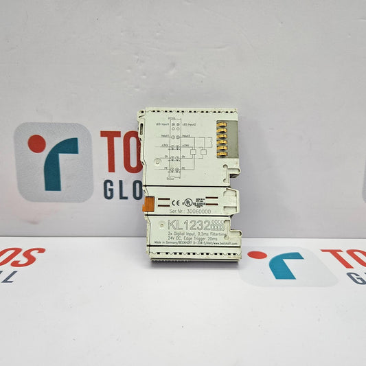 Electronic module with circuitry on a white background with a logo.