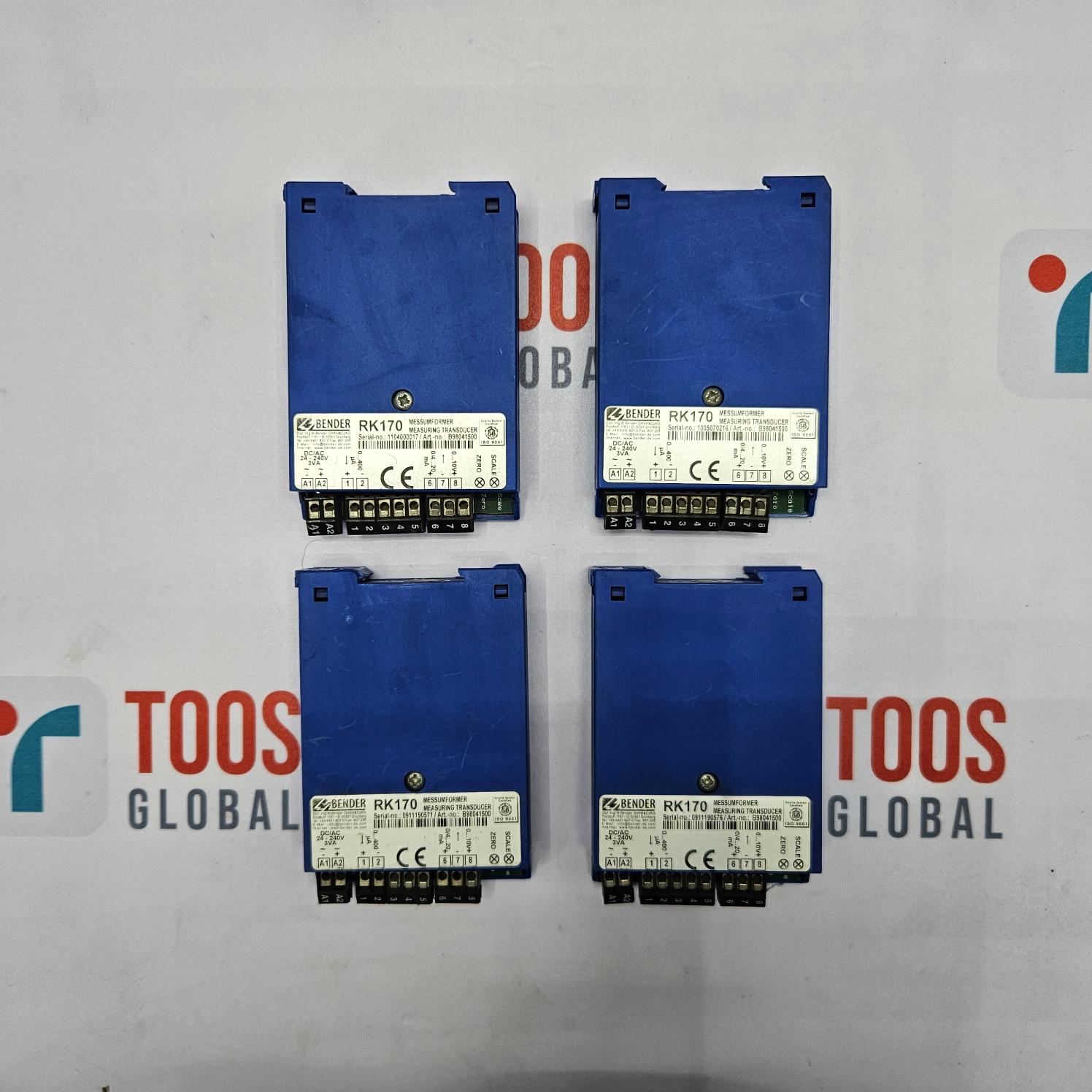 Four blue electronic modules on a TOOS Global branded background