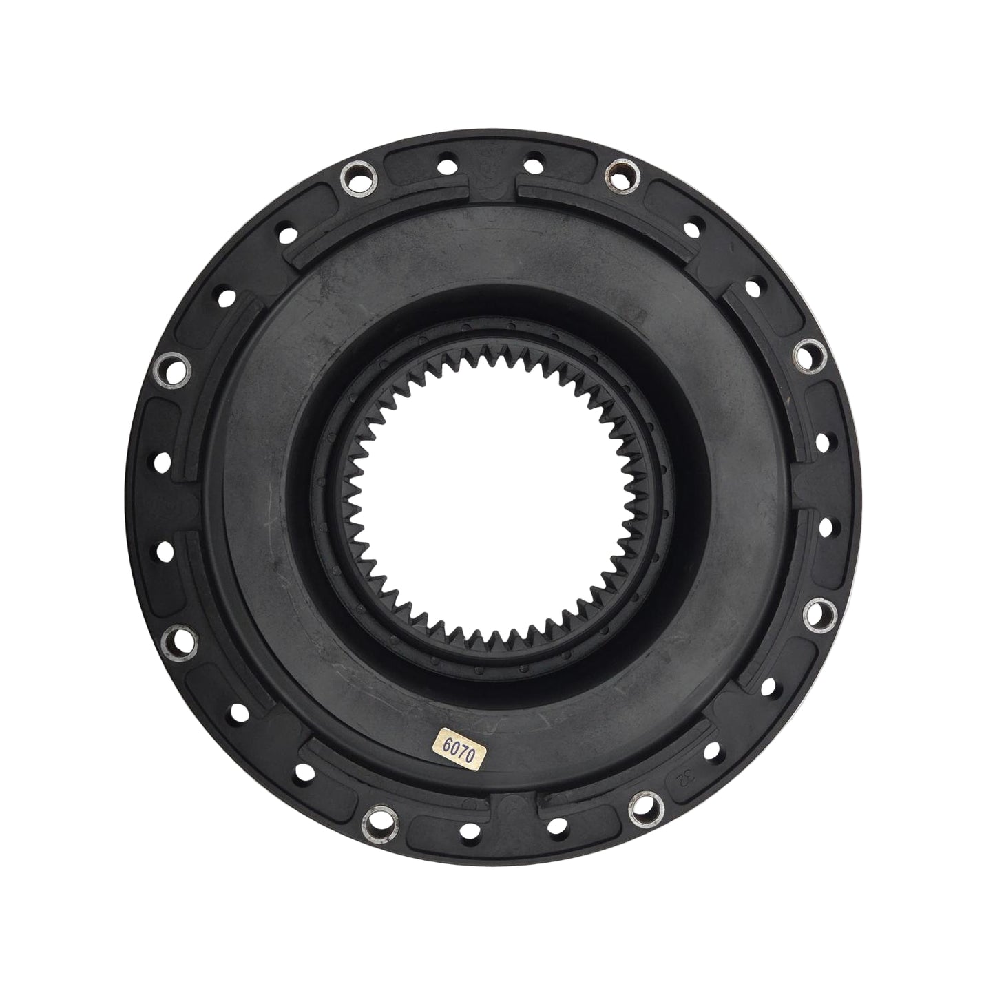 Mechanical component with gear and flange on a gray background