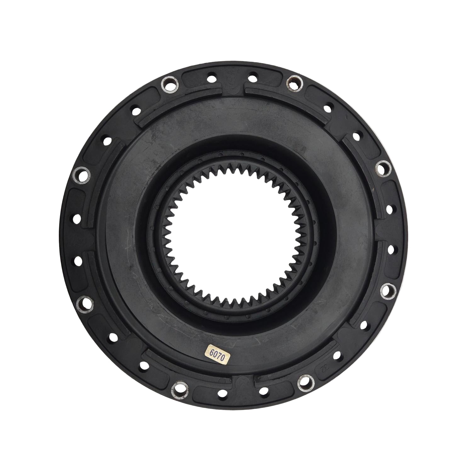 Mechanical component with gear and flange on a gray background