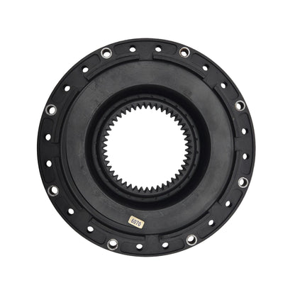 Mechanical component with gear and flange on a gray background