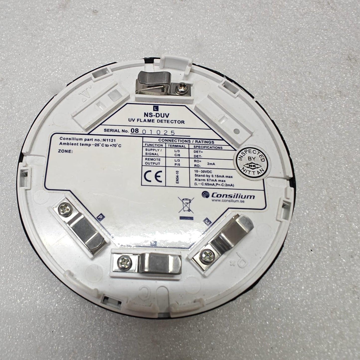 CONSILIUM NS-DUV UV FLAME DETECTOR N1121 with visible branding and specifications on a gray background